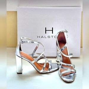 Halston Luna Metallic Silver Strappy Heels Sz 5.5